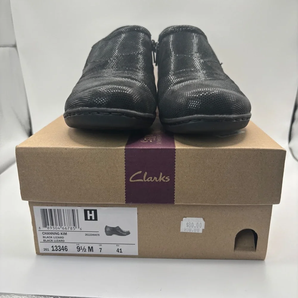 Clarks Channing Kim Womens 9.5 Black Lizard Print Zip Loafers 26113346